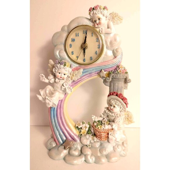 Vintage Cherub & Angel Rainbow Wall Clock With Floral Accents Clock Works READ - Picture 1 of 12